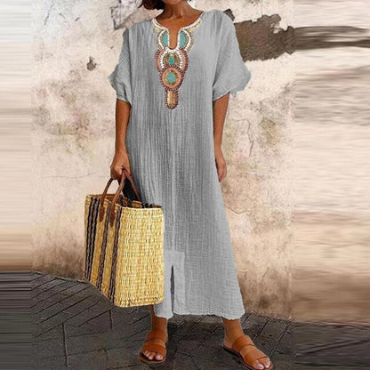Women's Kaftan Dress - Lightweight Flowy Fabric - Beaded V-Neck - Short Sleeve