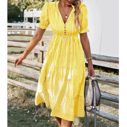 Women's Striped Dress - V-Neck Button Front - Puff Sleeve Tiered Ruffle Hem