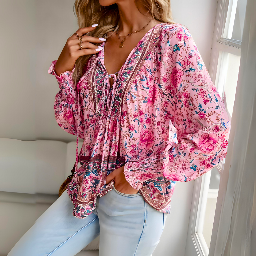 Women's floral tie v-neck long-sleeve top