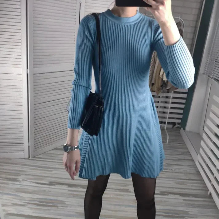Women's Knitted Ribbed Mini Dress - Long Sleeve - Fitted A-Line Silhouette