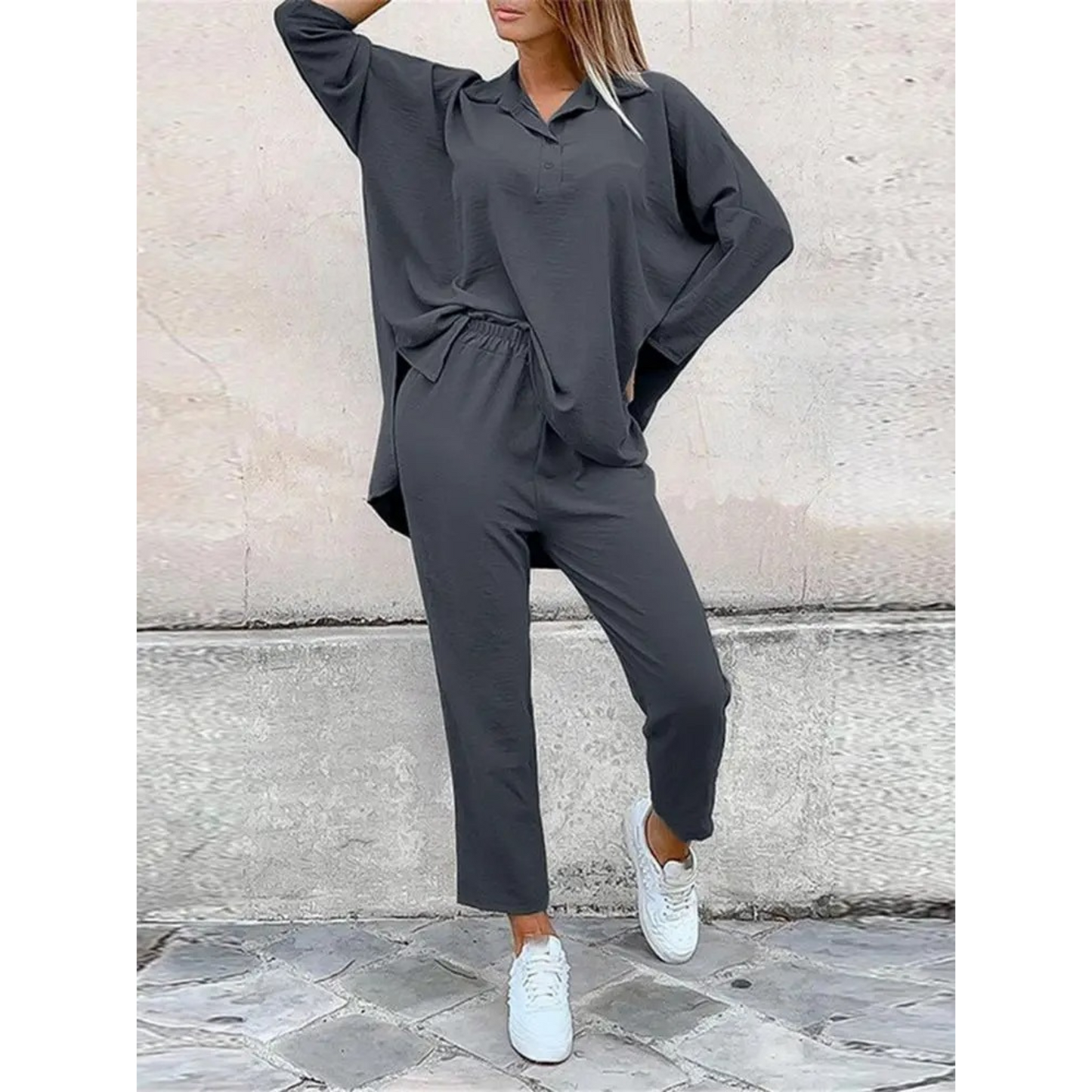 Women's Two-Piece Loungewear Set - Button-Up Oversized Top - Elastic Waist Straight-Leg Pants