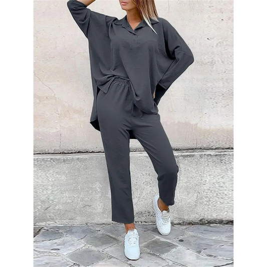 Women's Two-Piece Loungewear Set - Button-Up Oversized Top - Elastic Waist Straight-Leg Pants