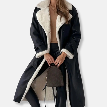 Women’s Coat – Faux Suede – Shearling Lined – Belted – Double-Breasted Long Fit