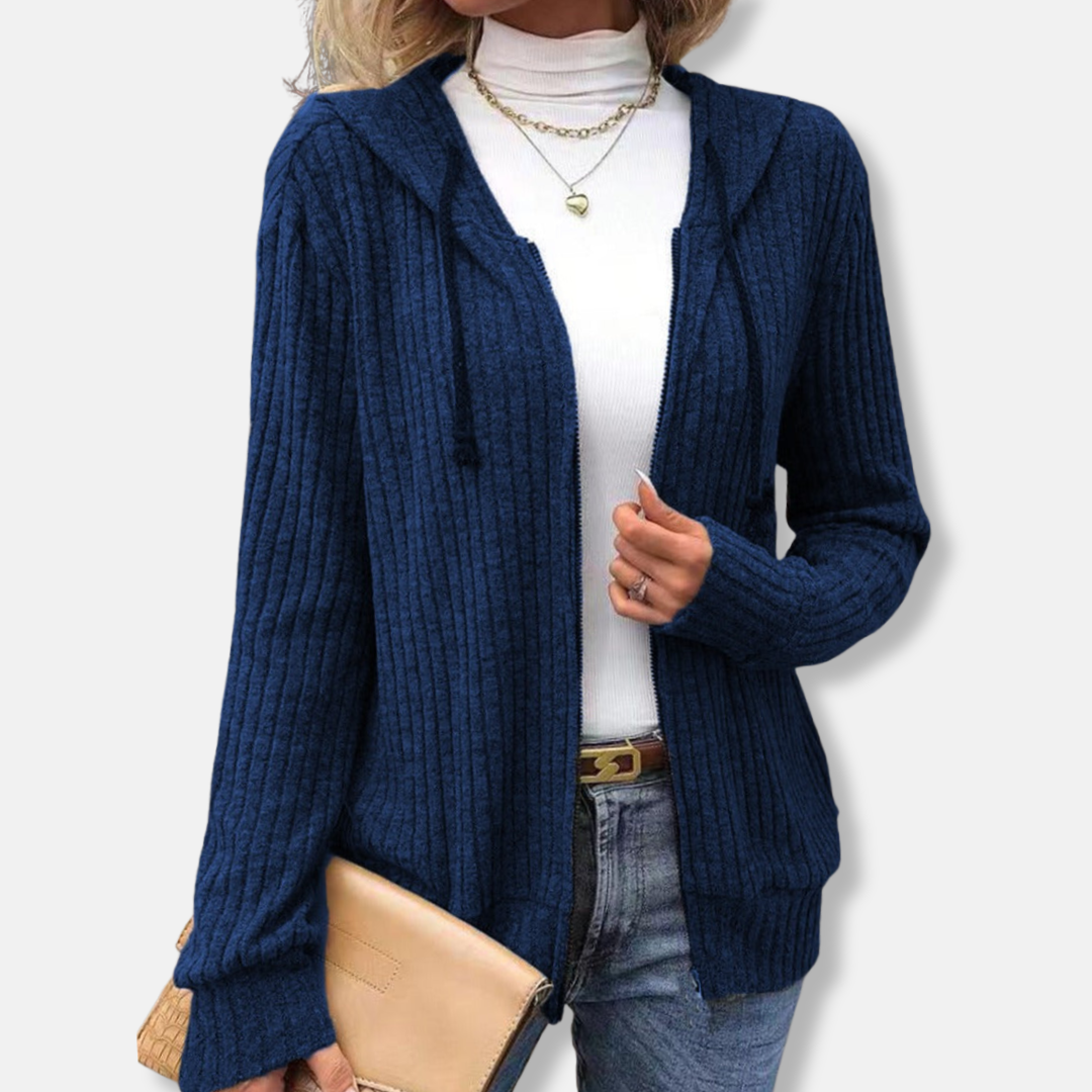 Isabella Wool Hooded Knit Cardigan | Ribbed Texture Zipper Front Cardigan