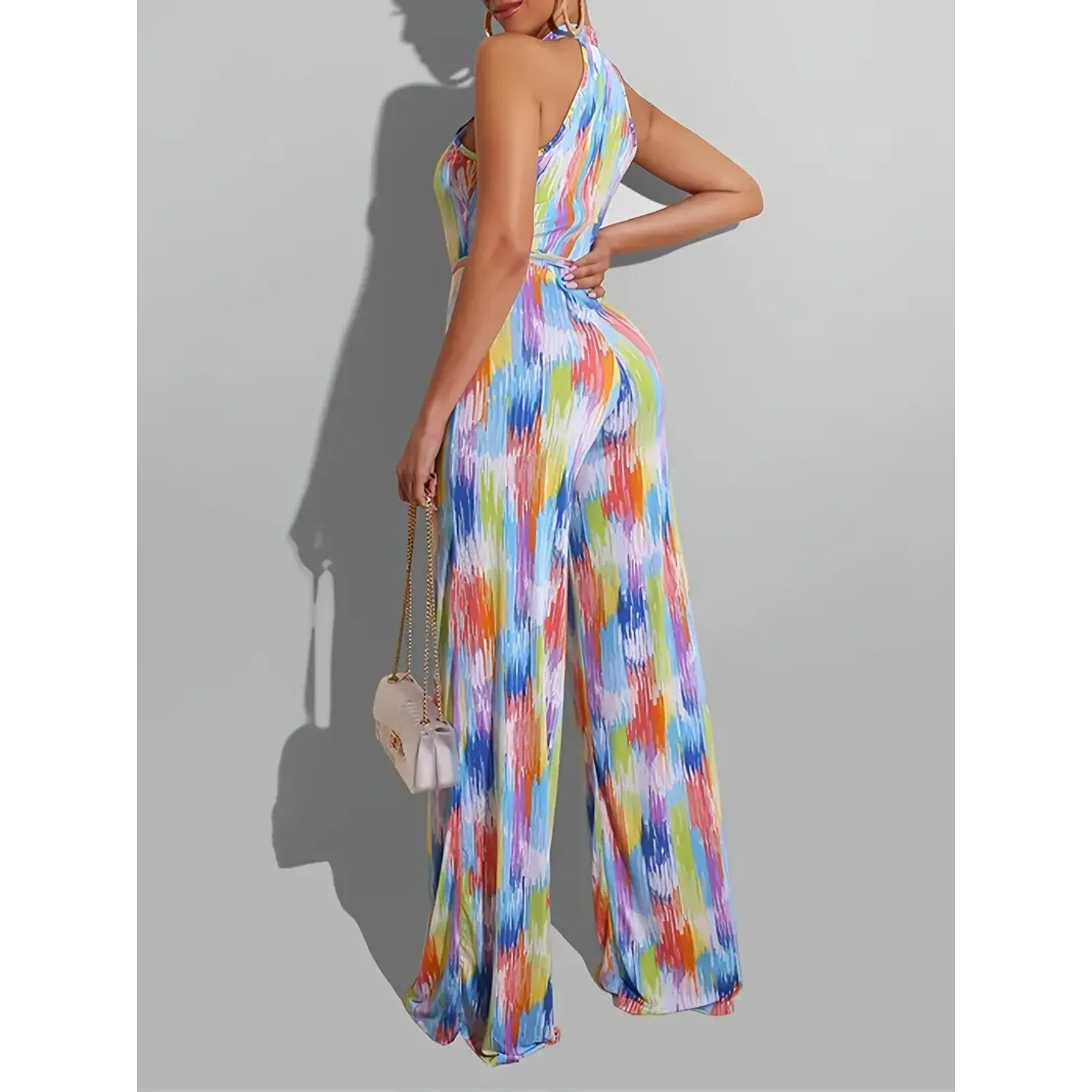 Geometric Print Wide-Leg Halter Neck Jumpsuit