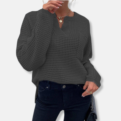 Women’s Sweater - Knit - Relaxed Fit - Notched V-Neck - Long Sleeve