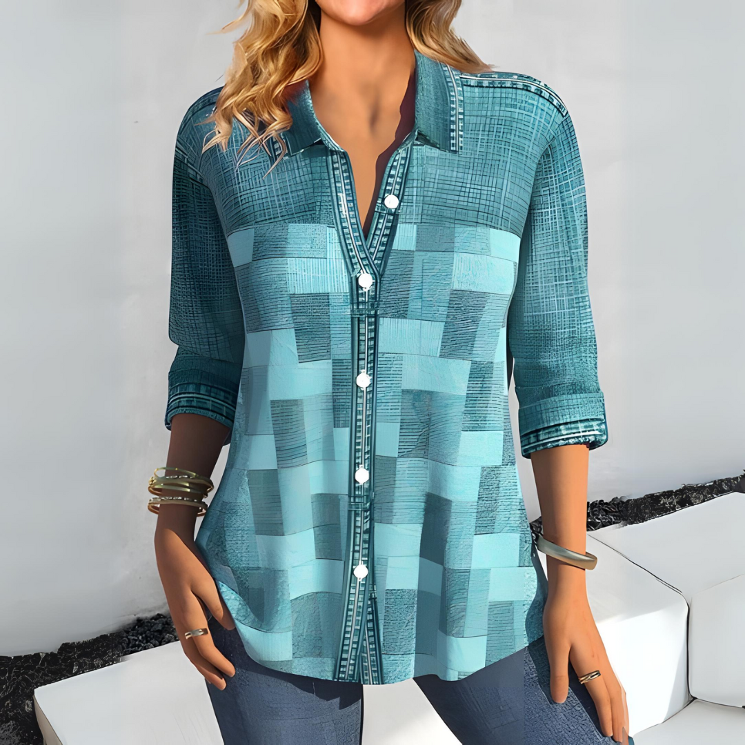 Women's Blouse - Button Down - 3/4 Sleeve - Lightweight Checkered Pattern