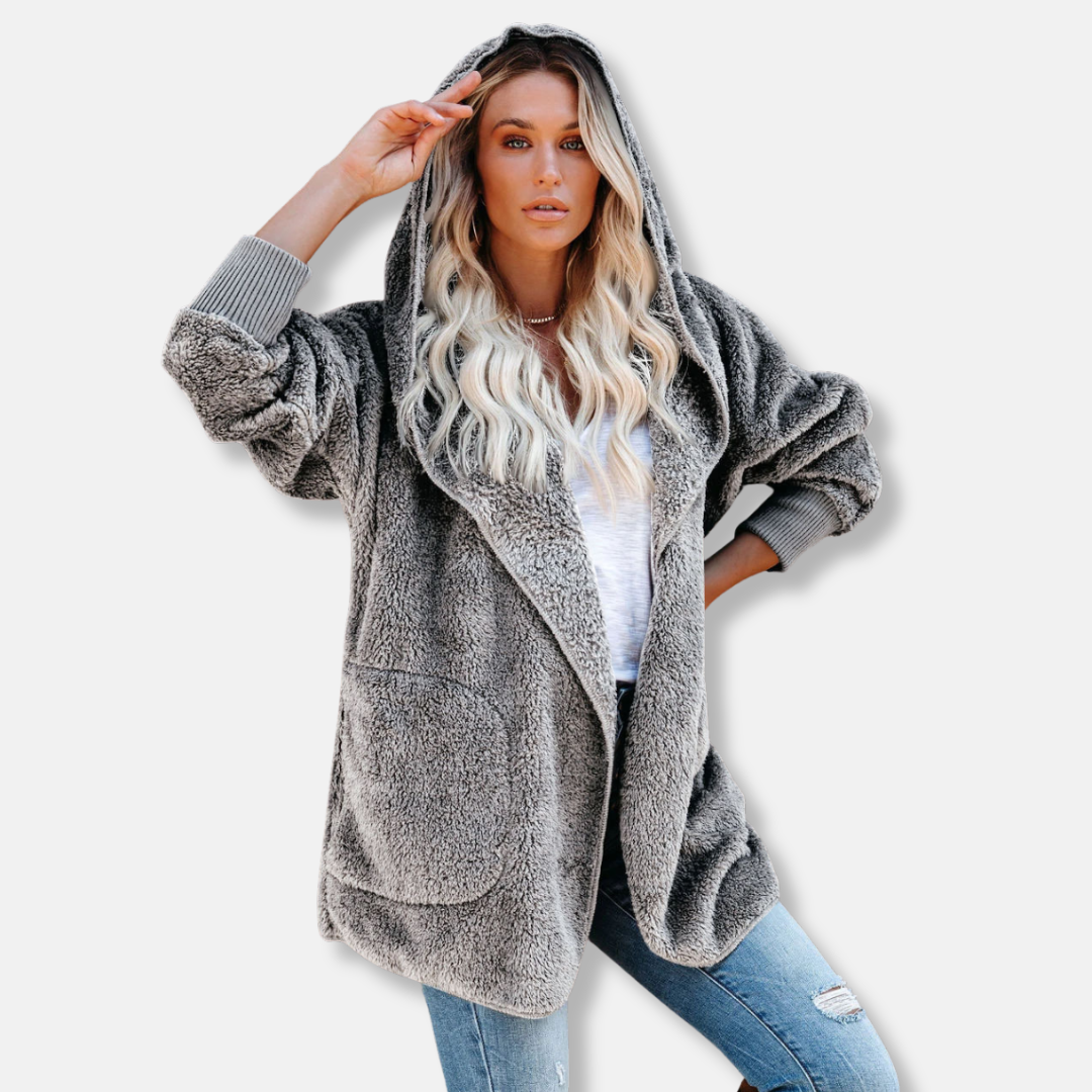 Women’s Hooded Cardigan – Sherpa Fleece – Oversized Fit – Open Front with Pockets