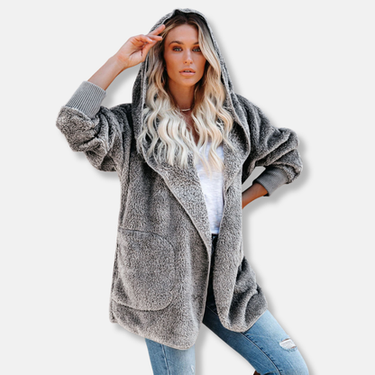 Women’s Hooded Cardigan – Sherpa Fleece – Oversized Fit – Open Front with Pockets