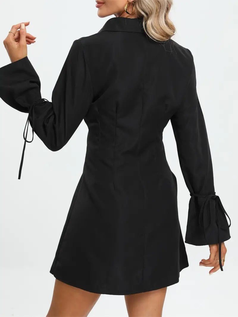 Women's casual black lapel tie shirt long sleeve dress