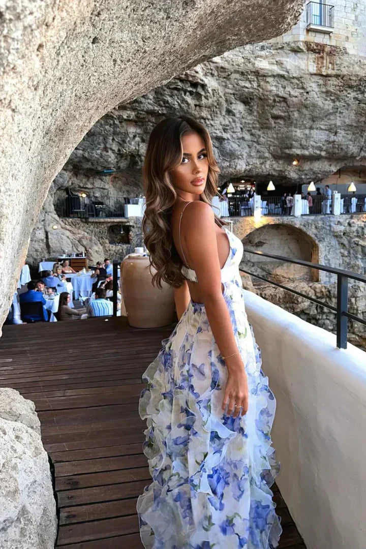 Ruffled Floral Pattern Slim Fit Maxi Dress