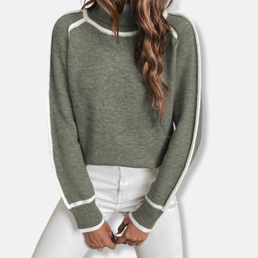 Women’s Sweater – Knit Relaxed Fit – High Roll Neck – Stripe Sleeve Detail