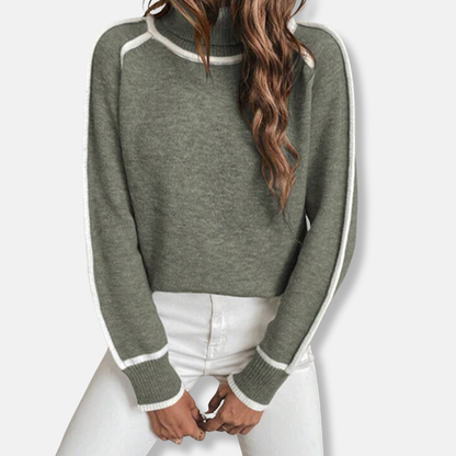 Women’s Sweater – Knit Relaxed Fit – High Roll Neck – Stripe Sleeve Detail