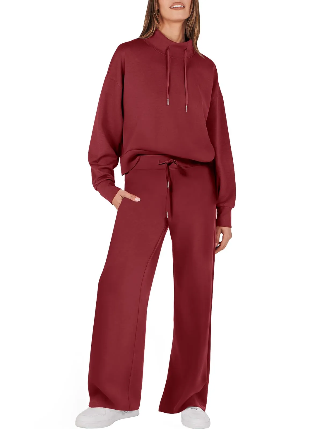 Women's chic mock drawstring sweatshirt and wide leg pants set