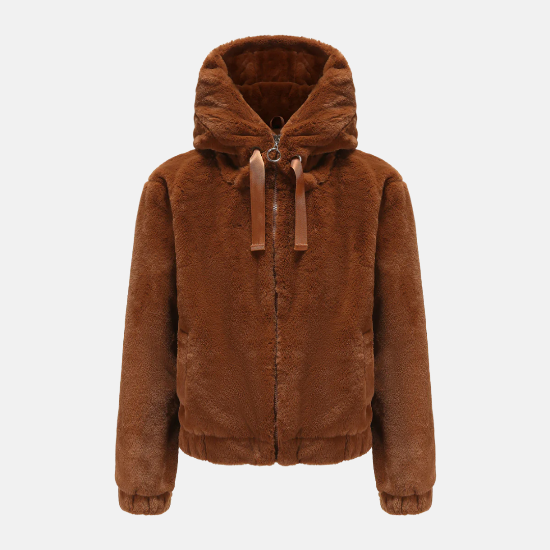 Women’s Short Coat – Faux Fur Knit – Hooded – Relaxed Fit – Elastic Hem and Cuffs