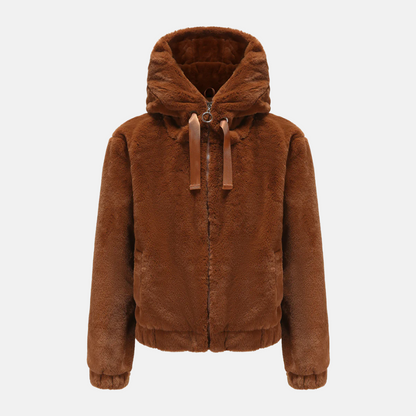 Women’s Short Coat – Faux Fur Knit – Hooded – Relaxed Fit – Elastic Hem and Cuffs
