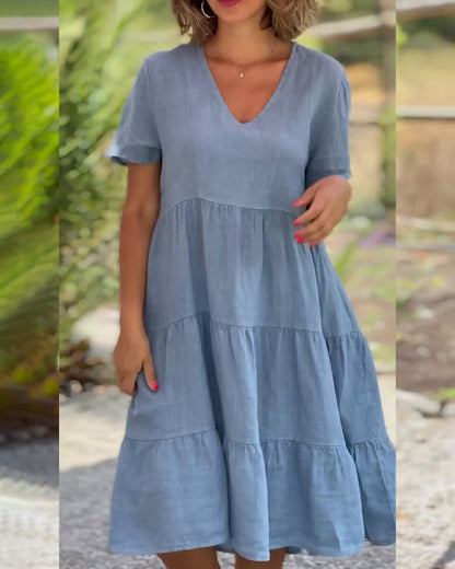 Women's Casual Midi Dress - V-Neck - Short Sleeve - Loose Fit Tiered Design
