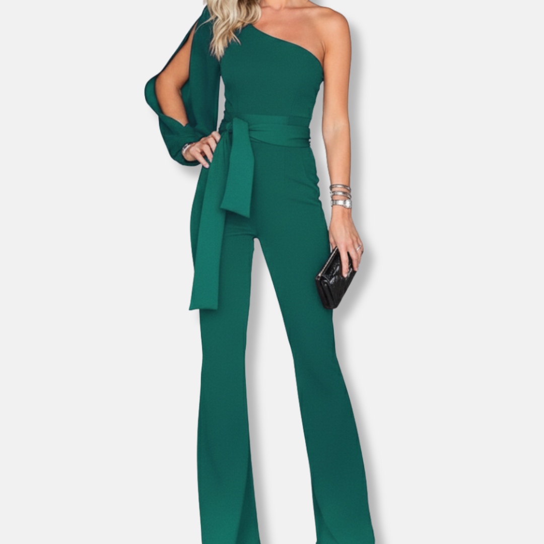 Women’s Elegant Overall - One Shoulder - Slim Fit - Belted Waist - Flared Leg