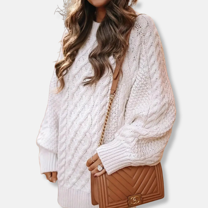 Women’s Sweater Dress – Oversized Fit – Cable Knit Wool Blend – Mini Length – Long Sleeve