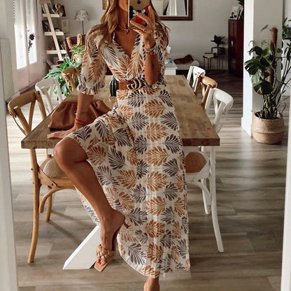 Women's Maxi Dress - Wrap V-Neck - Button-Down Front - Belted Waist - 3/4 Sleeve