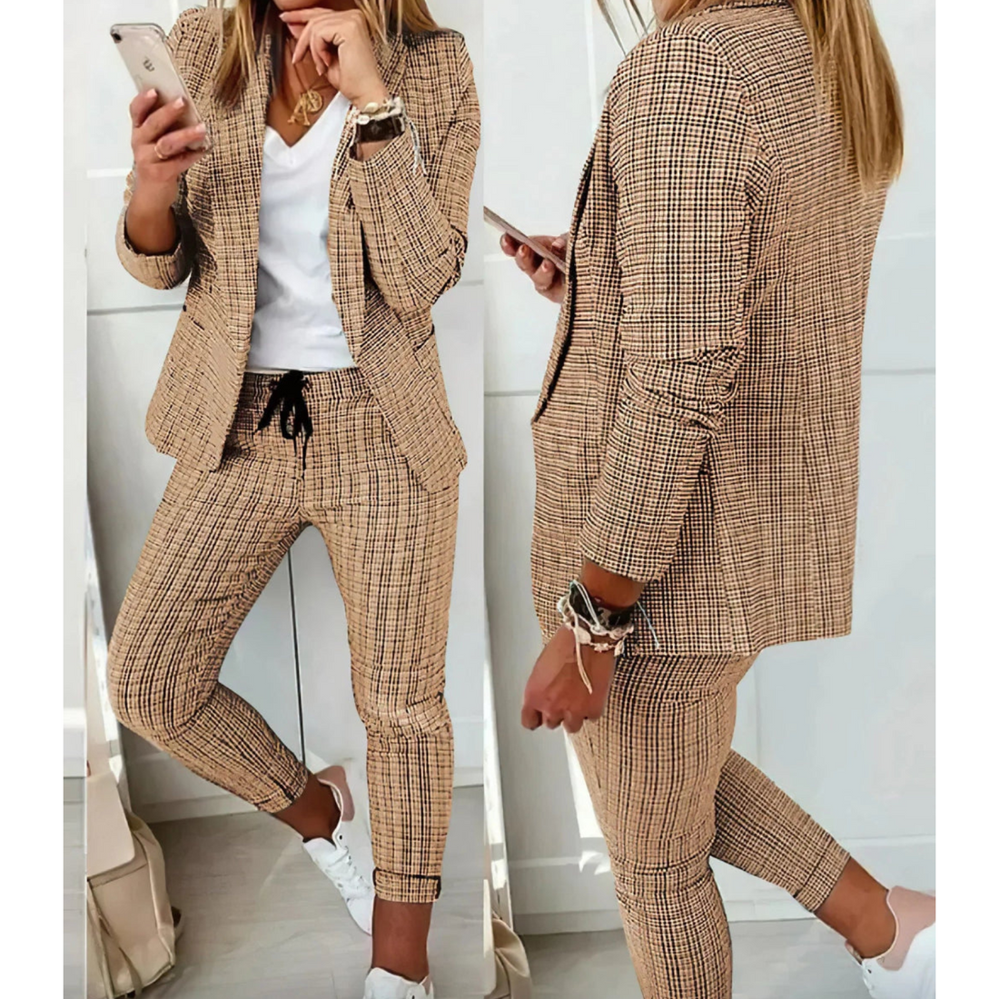 Women's single-breasted printed blazer and drawstring pants set