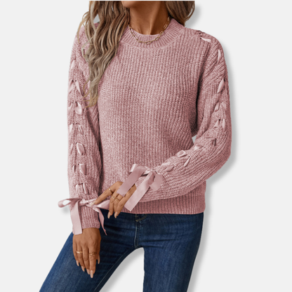Women’s Pullover Sweater – Relaxed Fit – Soft Knit – Lace-Up Sleeve Detail – Textured Fabric
