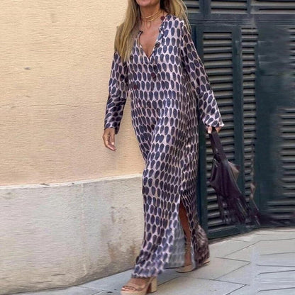 Women’s Maxi Dress – Flowing Fit – V-Neck – Long Sleeve – Breathable Blend – Side Slits