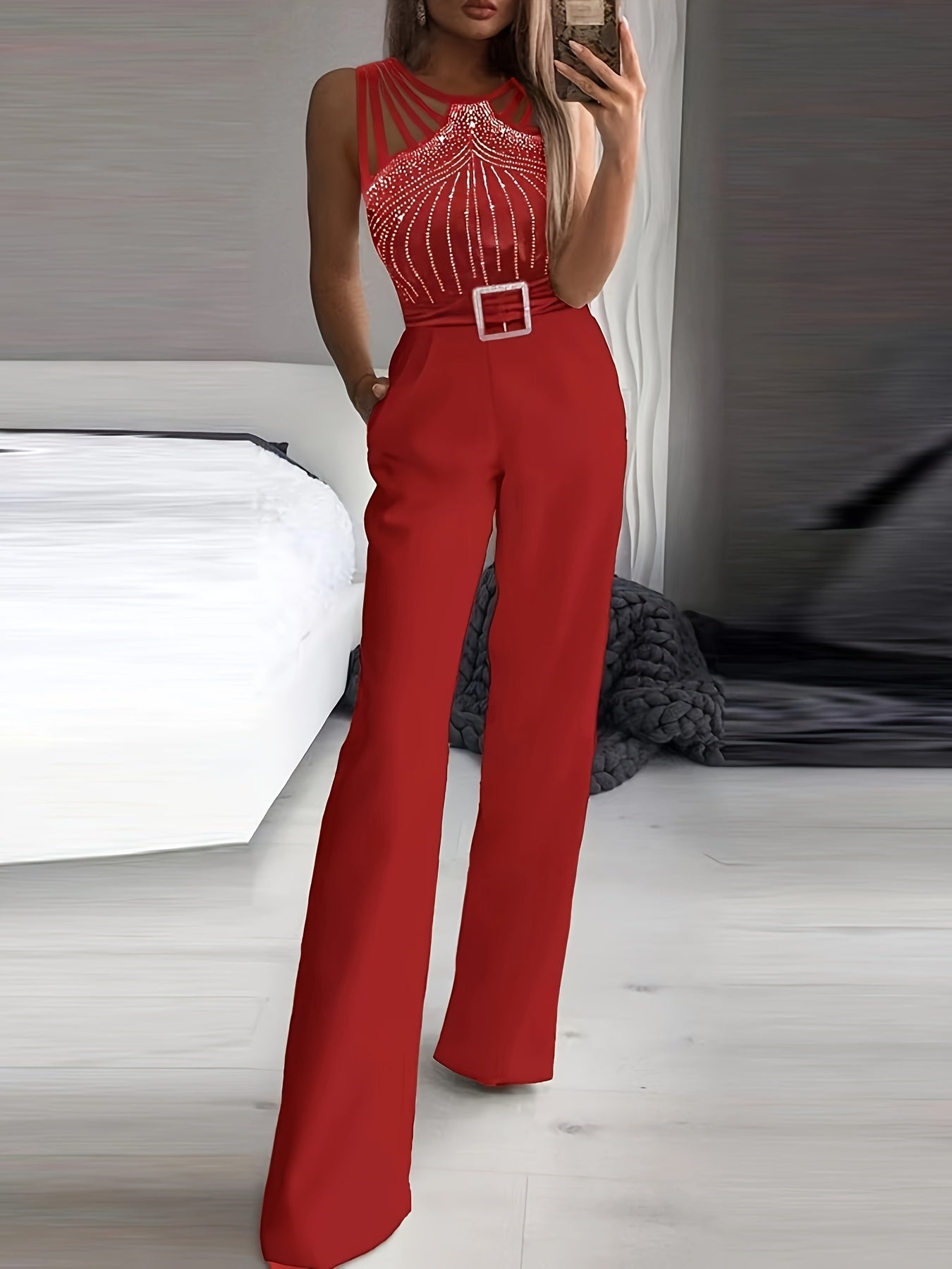 Women's Jumpsuit - Strappy Shoulder Design - Embellished Fitted Bodice - Wide-Leg Belted Waist