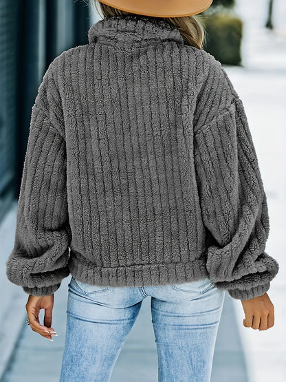 Women's thick ribbed plush lapel coat with pockets