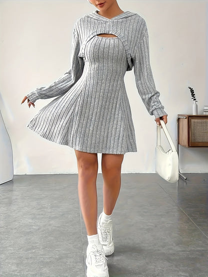 Two-piece ribbed knit skater dress with cropped hooded cardigan for women