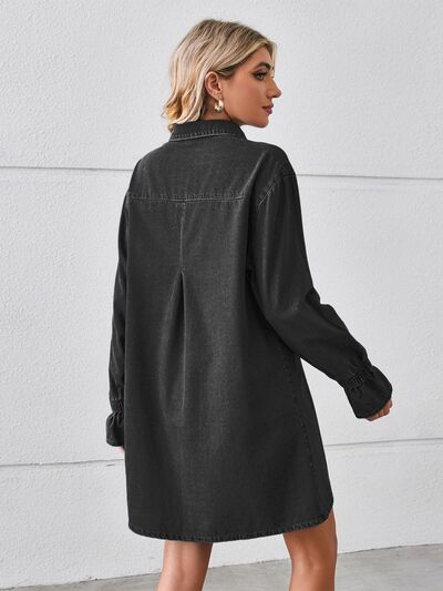 Women's Denim Shirt Dress - Button Down - Long Sleeve - Chest Pockets - Mini Length