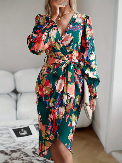 Women's Wrap Dress - V-Neck - Long Sleeve - Adjustable Tie Waist - Asymmetrical Hem