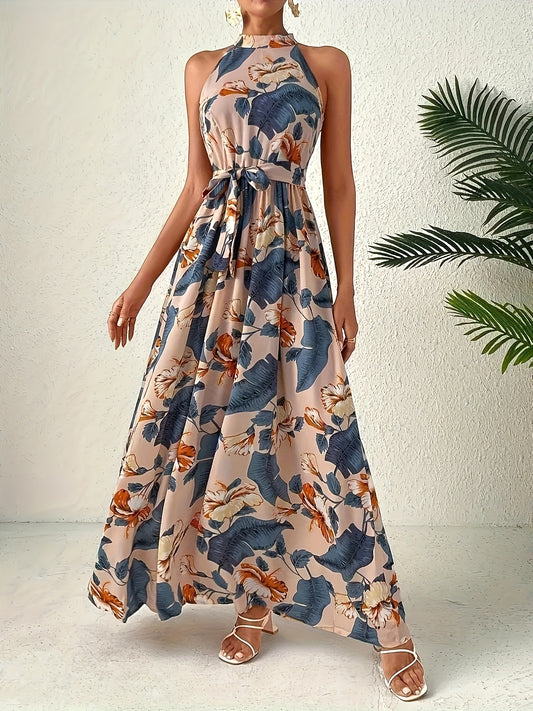 Paisley Print Tie Waist Halter Maxi Dress
