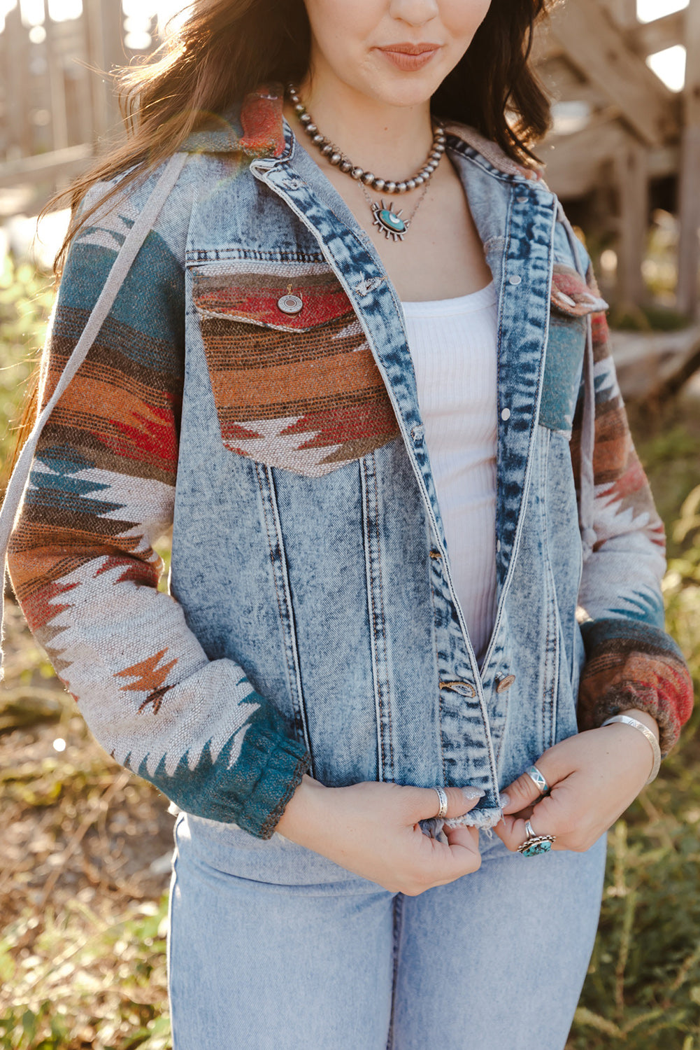 Elegant denim patchwork jacket with button-down design for women