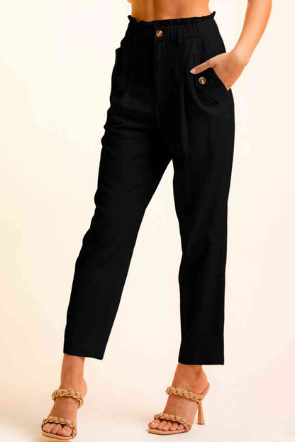 Women’s Cropped Pants – High Waist Paperbag Style – Button Detail – Tapered Fit Casual Wear