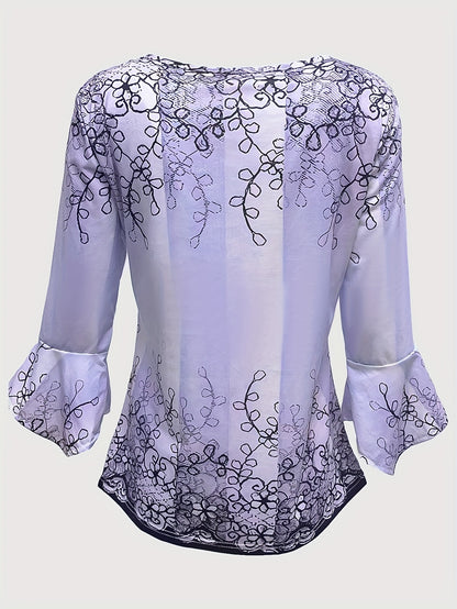 Women’s Blouse - Embroidered Lace Detail - Button-Up - Relaxed Fit - 3/4 Sleeve