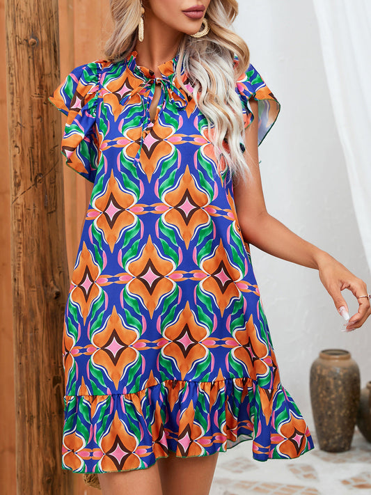 Geometric Print Ruffle Neck Shift Dress