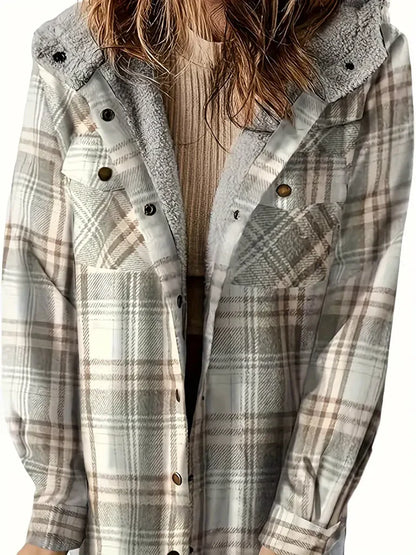 Women’s Hooded Shacket - Oversized Relaxed Fit - Sherpa Lined Collar and Hood - Snap Button Closure