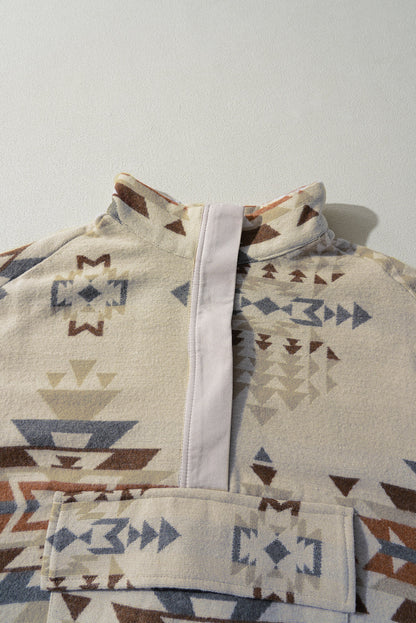Women's Pullover Sweater - Geometric Tribal Pattern - Henley Neck - Relaxed Fit