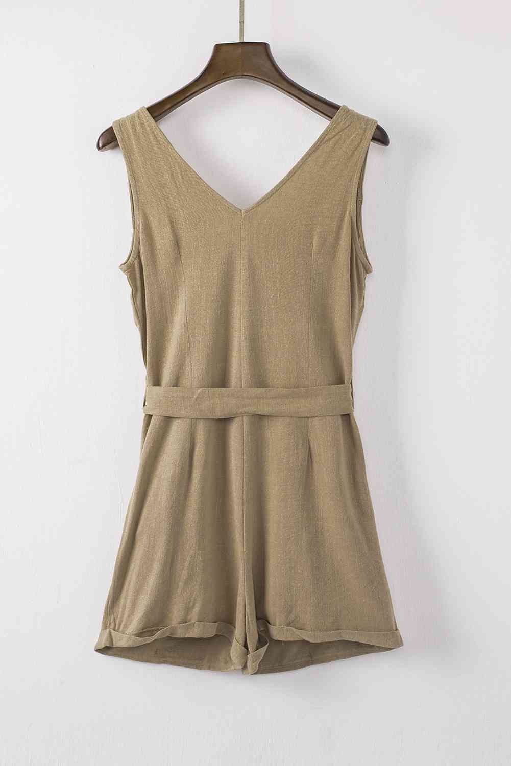 Women's Sleeveless Romper - V-Neck Button Front - Tie Waist Casual Shorts