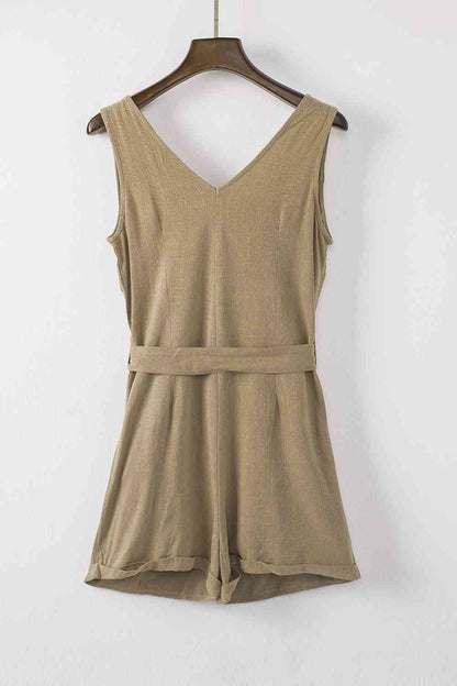 Women's Sleeveless Romper - V-Neck Button Front - Tie Waist Casual Shorts