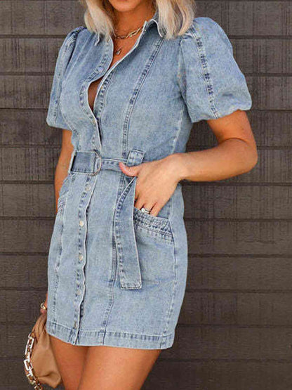 Women's Denim Dress - Puff Sleeve - Button Down - Collared Neck - Belted Waist