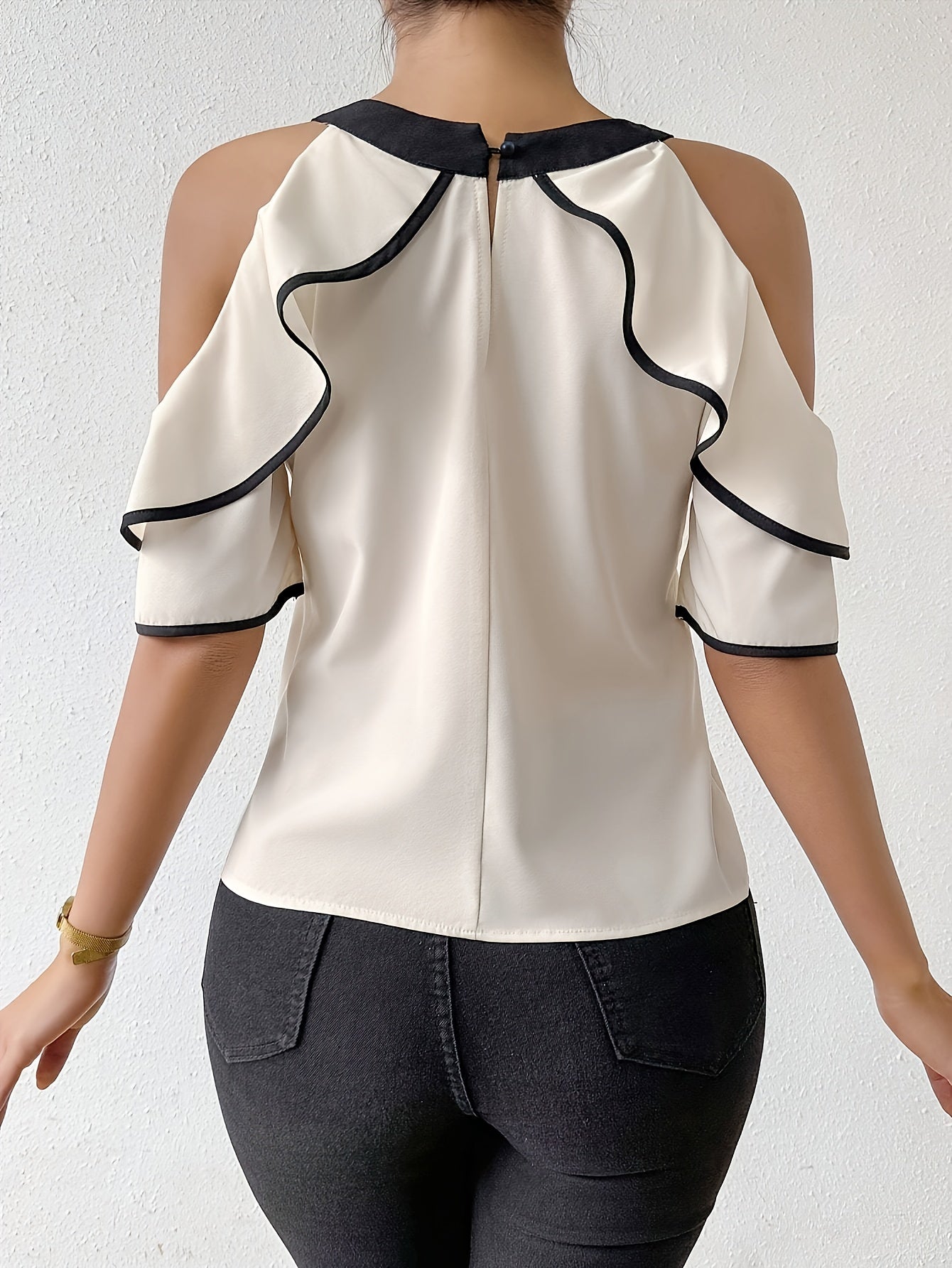 Women's Cold Shoulder Blouse – Ruffled Sleeves – Halter Neck with Bow Detail