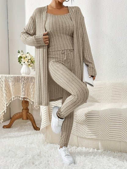 Three-piece ribbed tank top, cardigan, and pants lounge set for women
