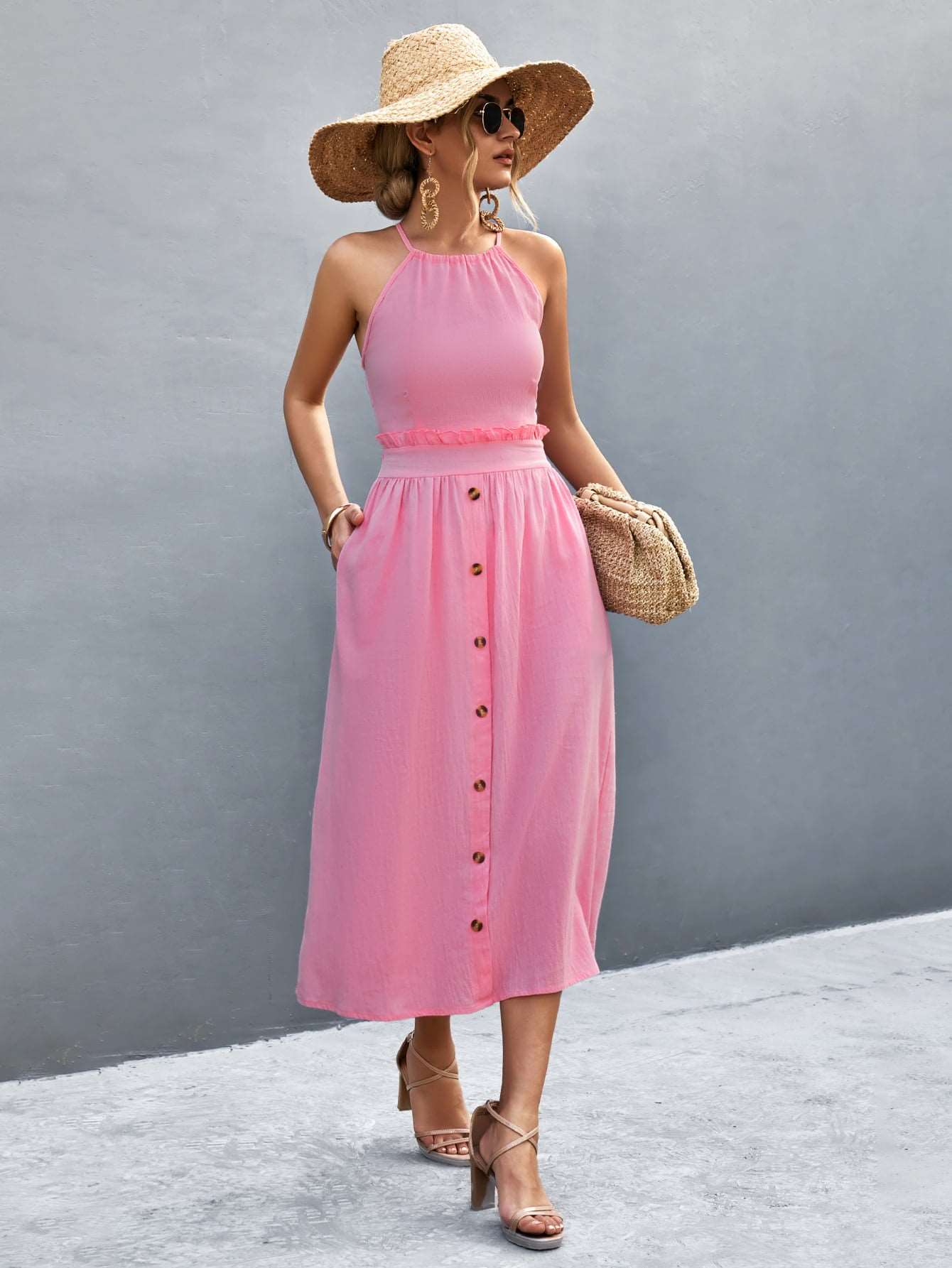 Women's Halter Neck Midi Dress - Sleeveless A-Line - Button Front Elegant Fit