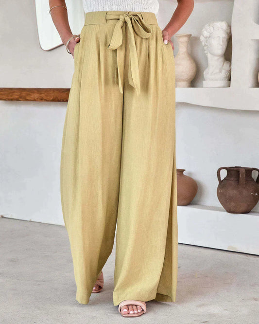 Flowy High Waist Tie Belt Wide-Leg Pants