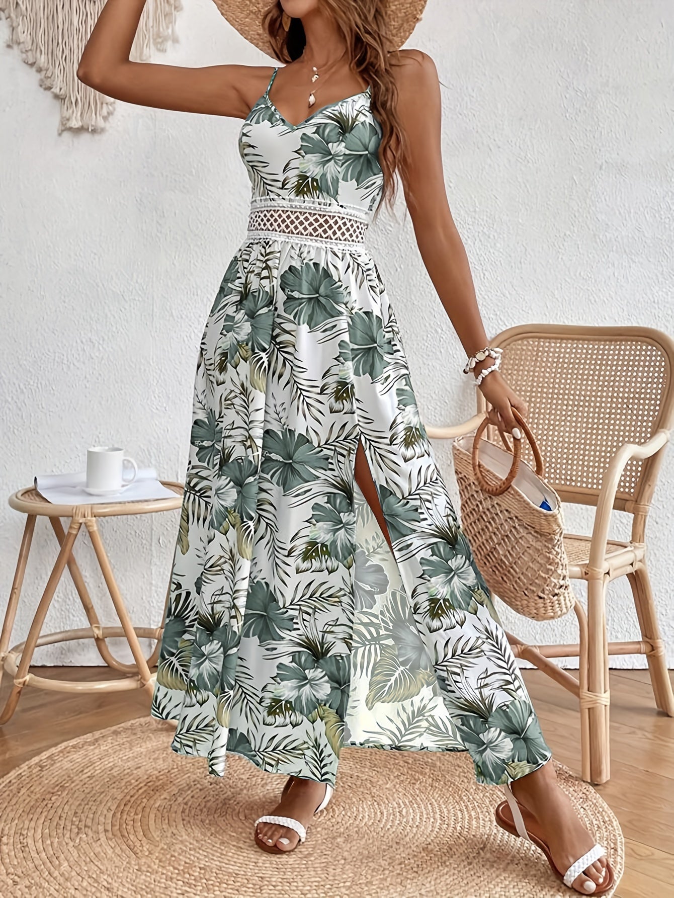 Floral print spaghetti strap dress with lace details for women