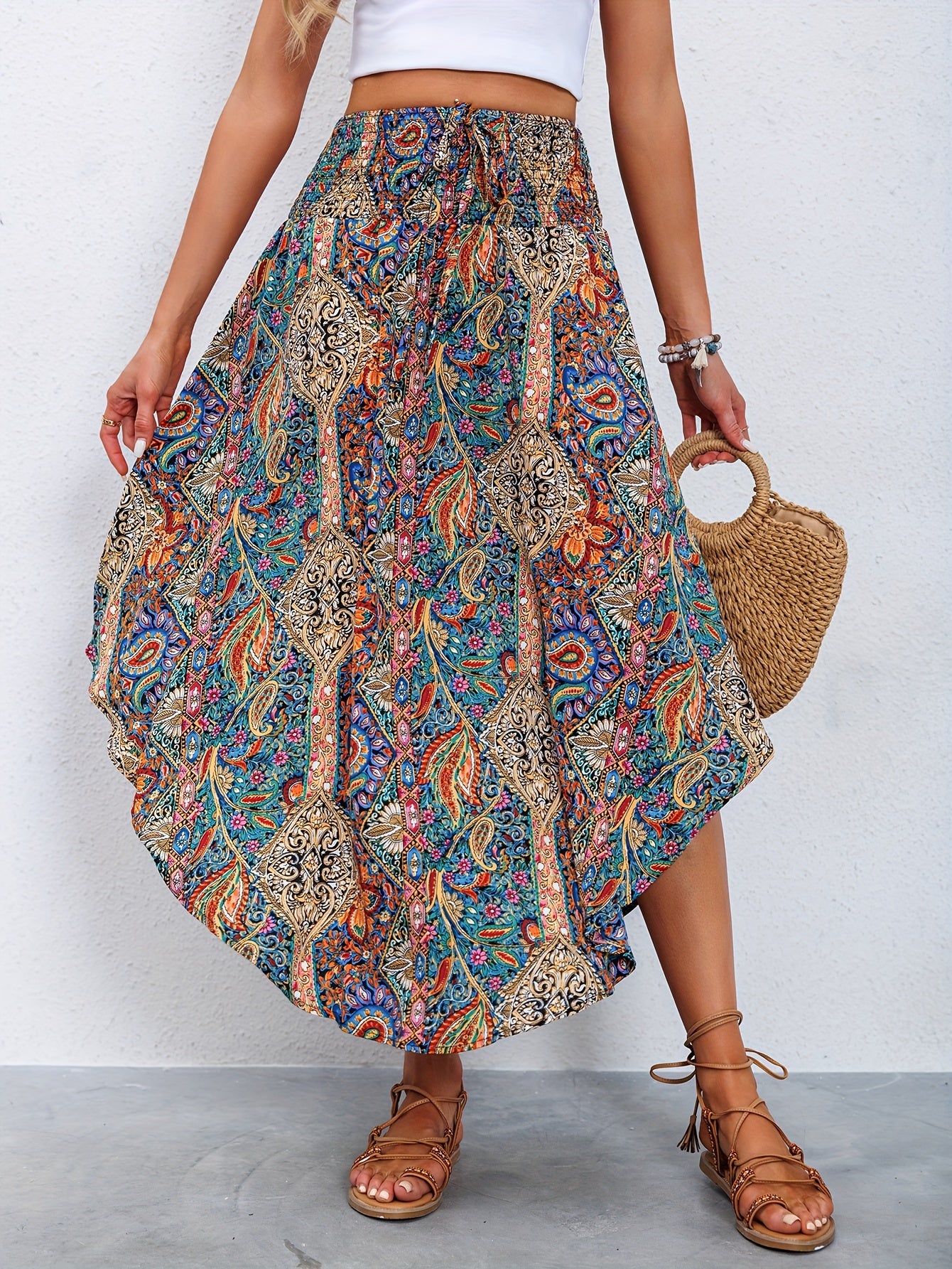 Women's Maxi Skirt - Bohemian Paisley Print - Asymmetrical Flowing Hem - Elastic Waist