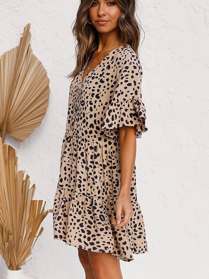 Women's Dress - Leopard Print - V-Neck Button Front - Short Ruffle Sleeve - Relaxed Fit