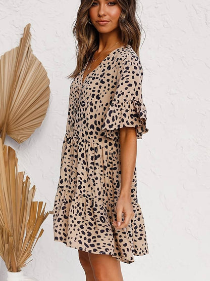 Women's Dress - Leopard Print - V-Neck Button Front - Short Ruffle Sleeve - Relaxed Fit